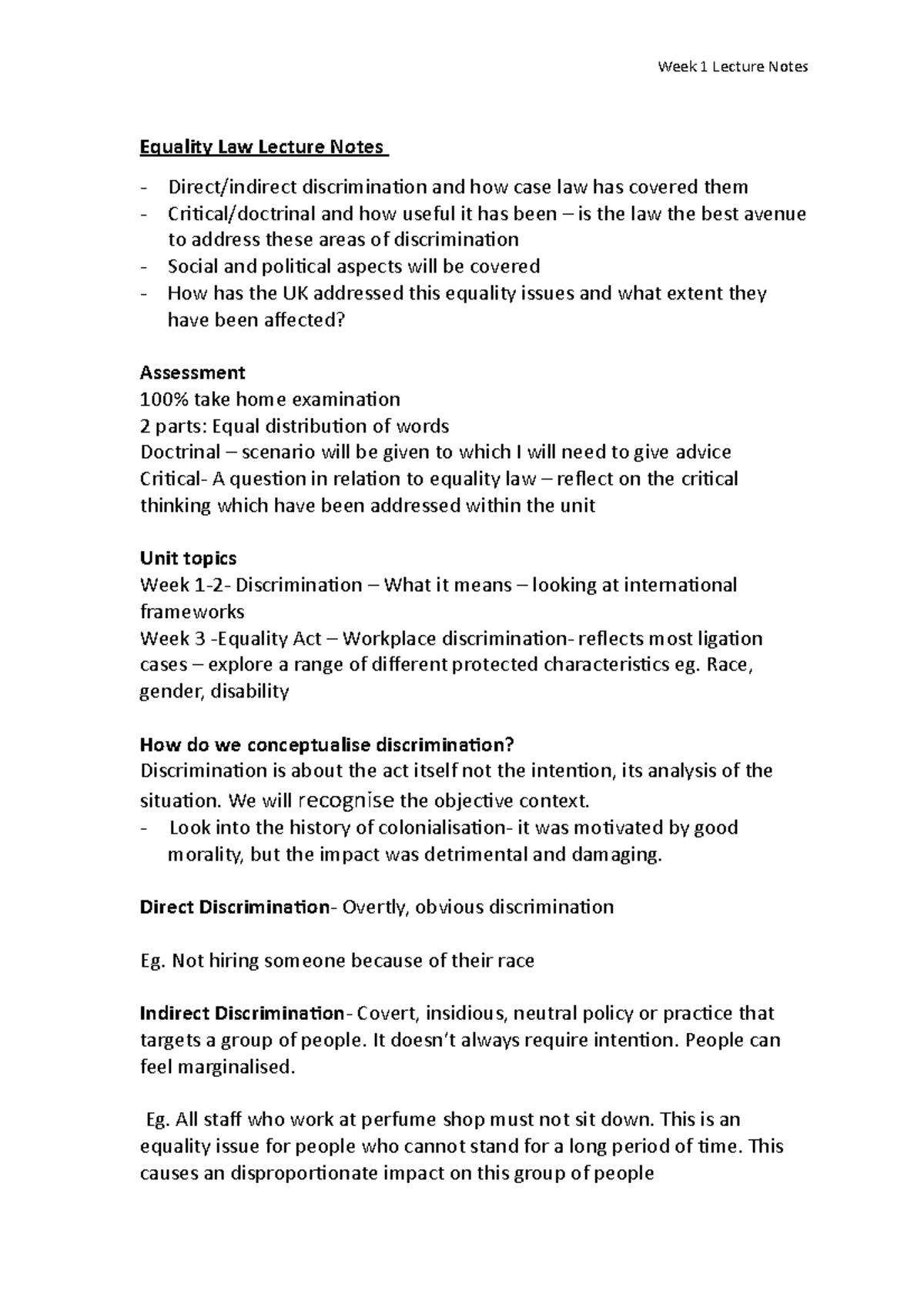 Equality Law Lecture Notes W1: Discrimination & Legal Frameworks - Studocu