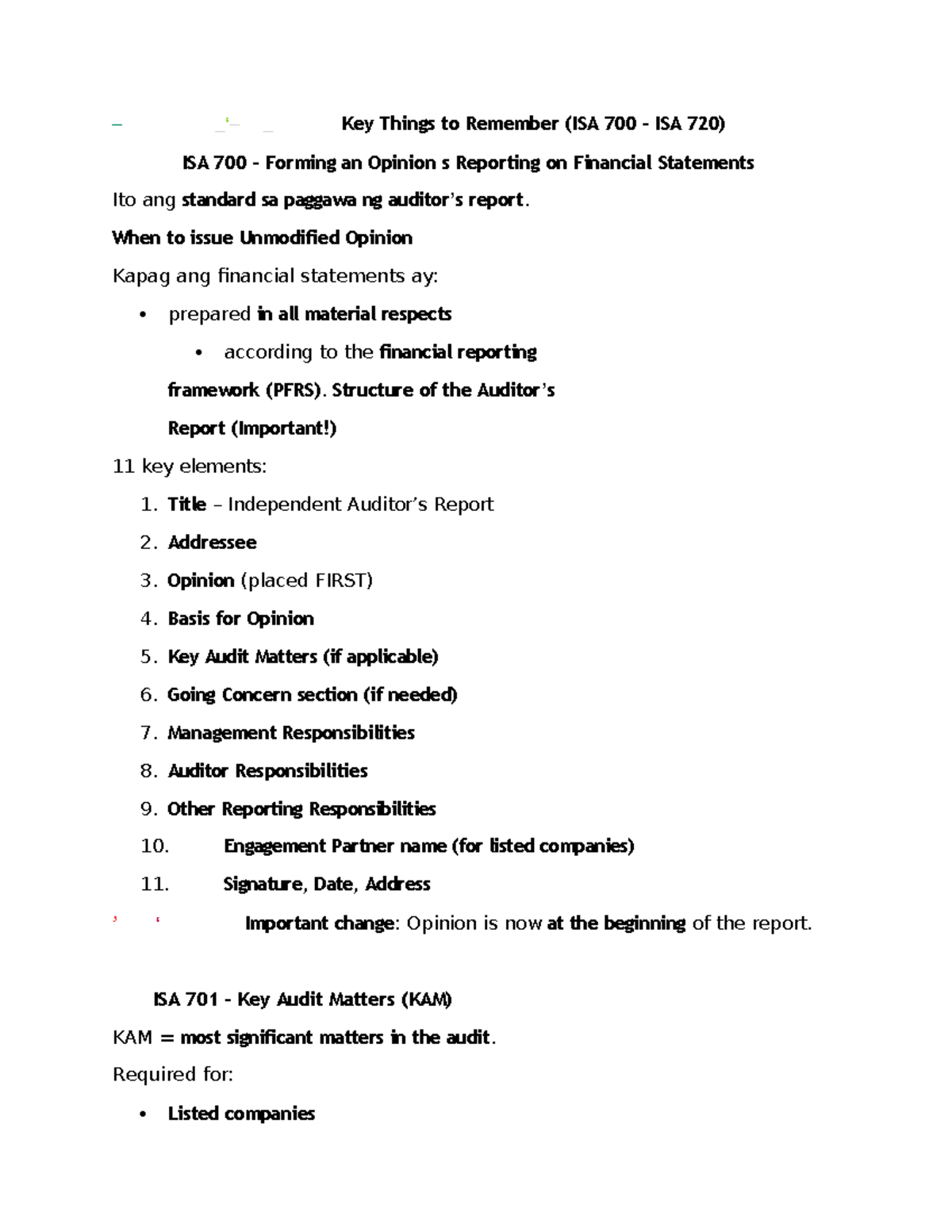 Key Points on ISA 700 & 705: Audit Opinions and Reporting (ACCT 101 ...