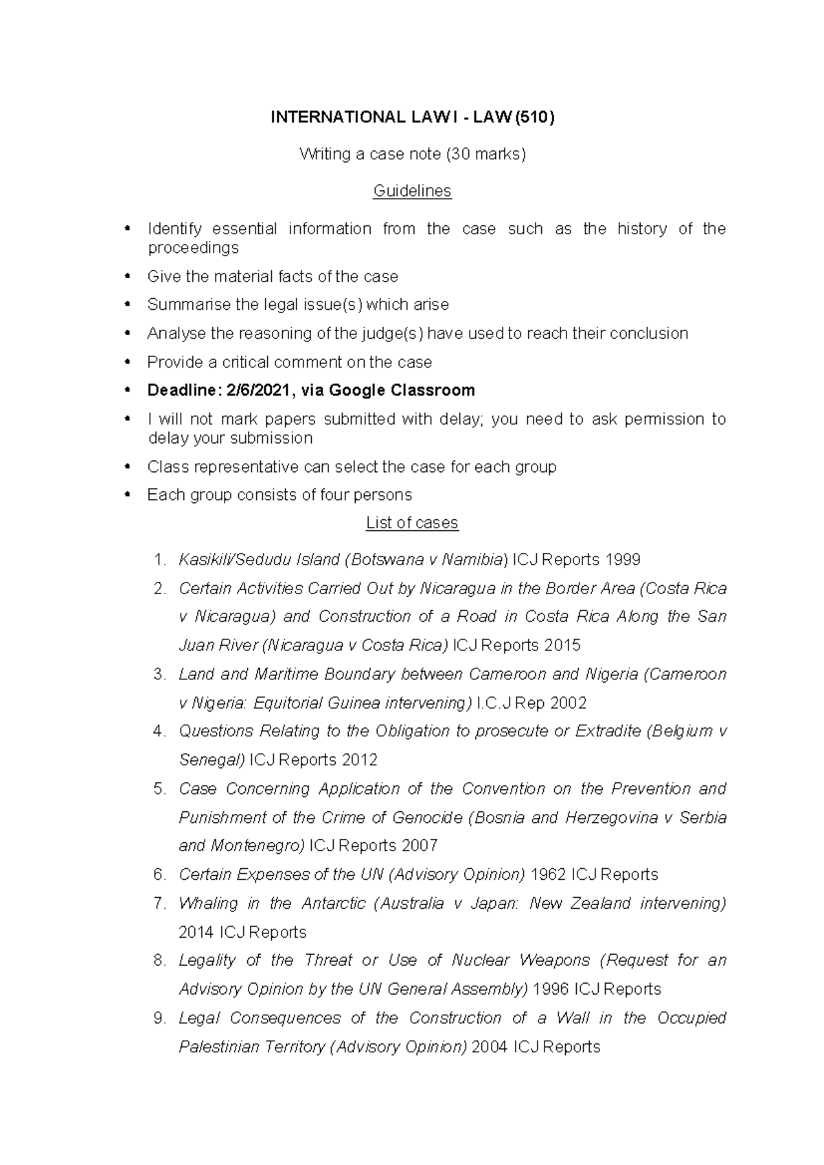 PIL I case note 2021 - Lecture notes 3 - International Law I - UiTM ...