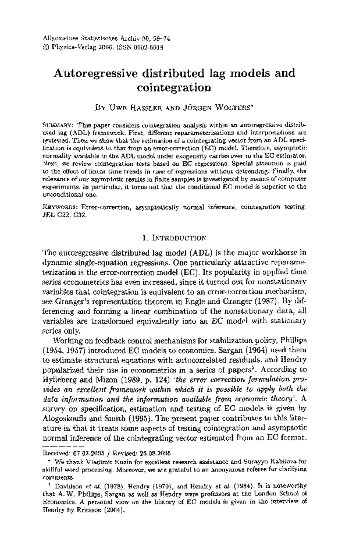 Hassler 2006: Autoregressive Distributed Lag Models & Cointegration ...