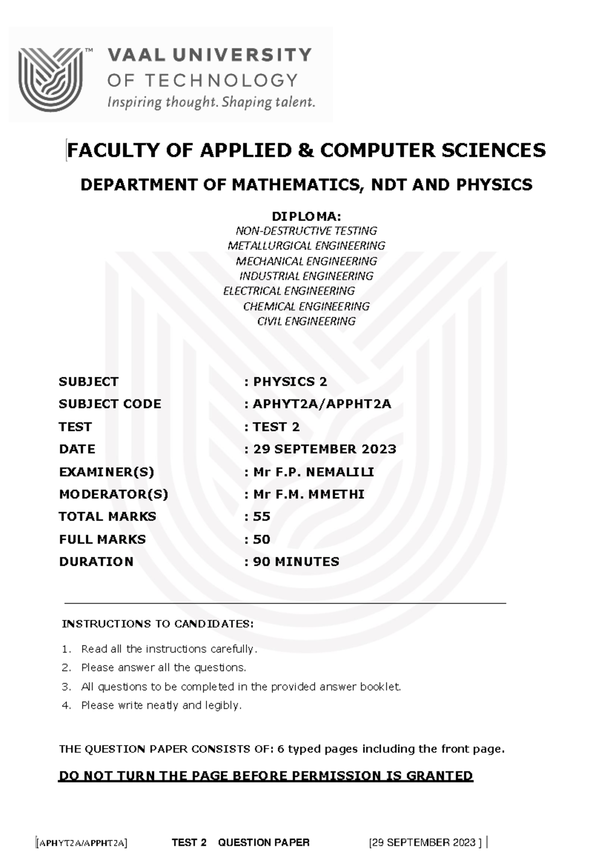 Final Exam 2023 PHYSICS 2 - Assessment 2 Test Paper - Studocu