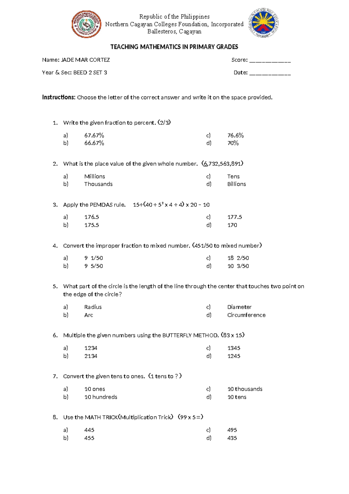BEED 2 SET 3: Teaching Mathematics in Primary Grades Quiz - Studocu