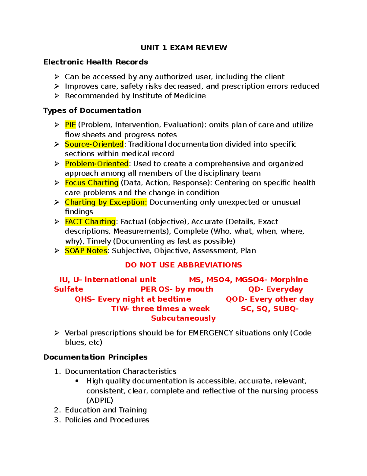 UNIT 1 EXAM REVIEW: Electronic Health Records & Documentation ...