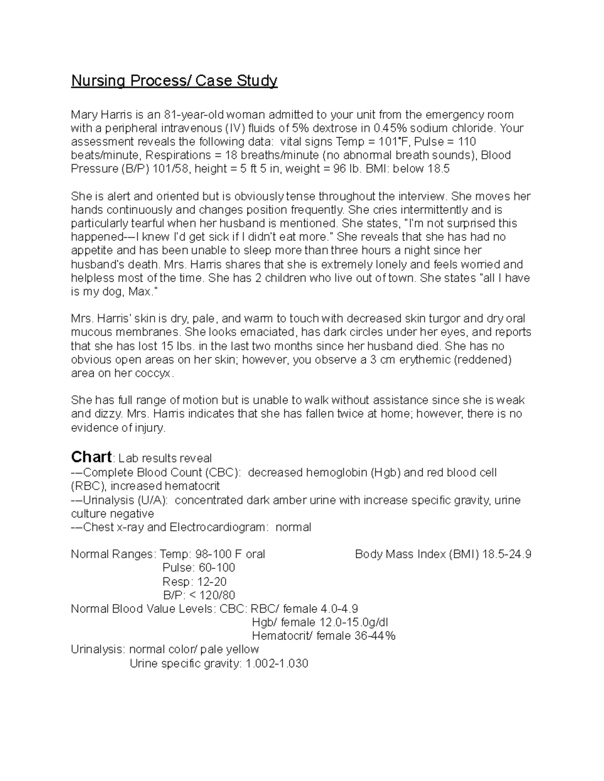 Mrs. Harris Nursing Process CASE Study - Nursing Process/ Case Study ...