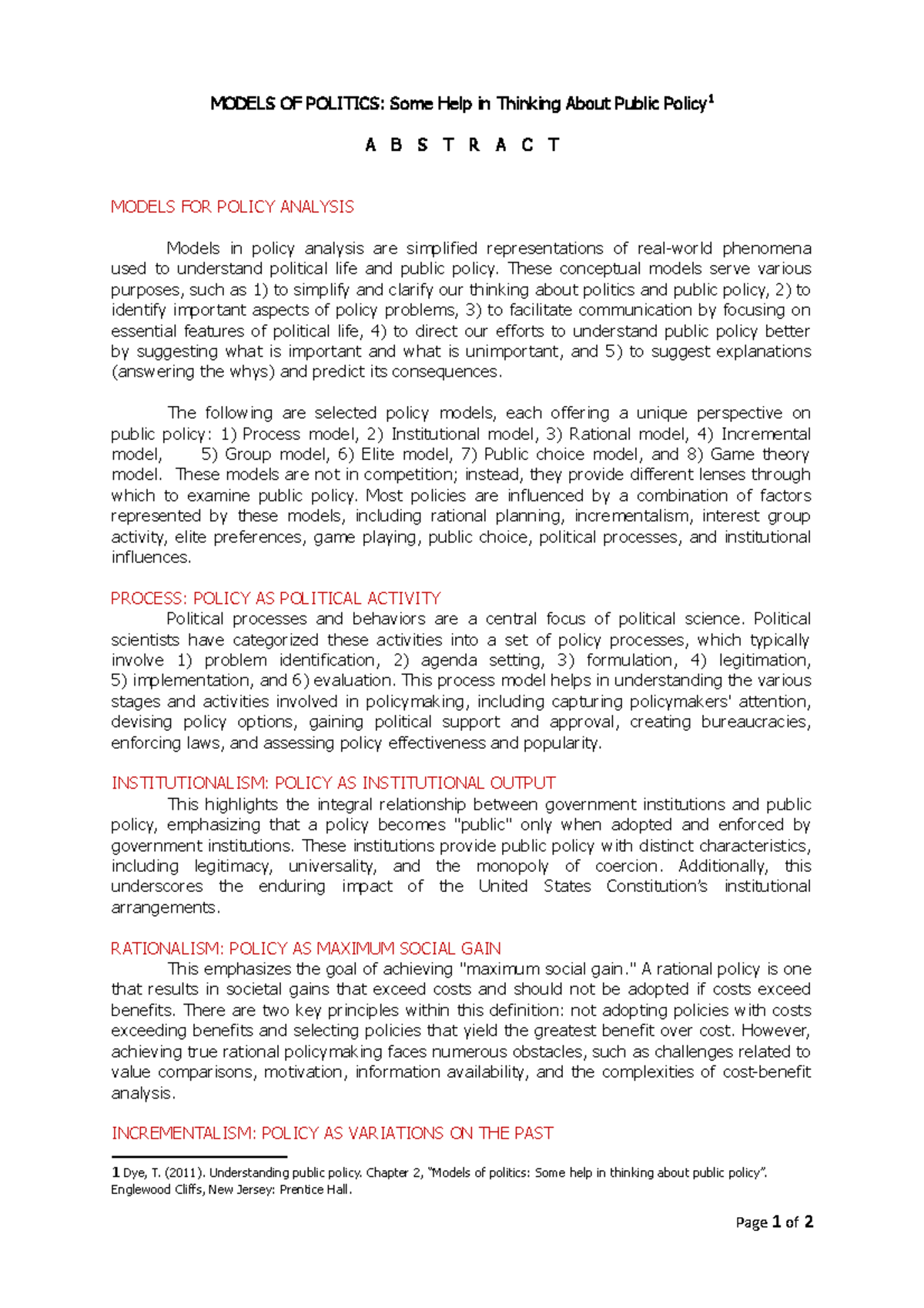 Abstract of Chapter 2: Understanding Public Policy by Dye - Studocu