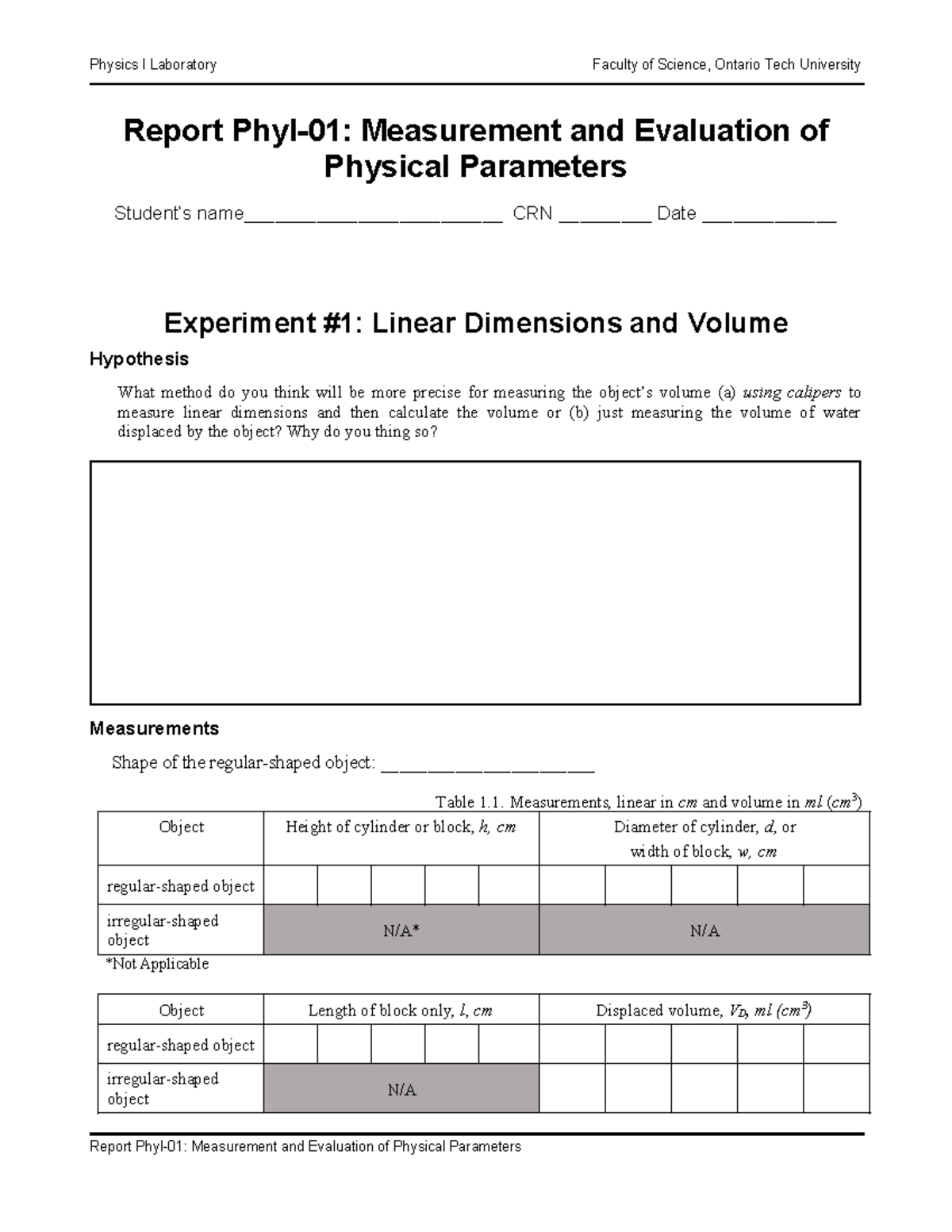 Physics I Lab Report: Measurement & Evaluation of Physical Parameters ...