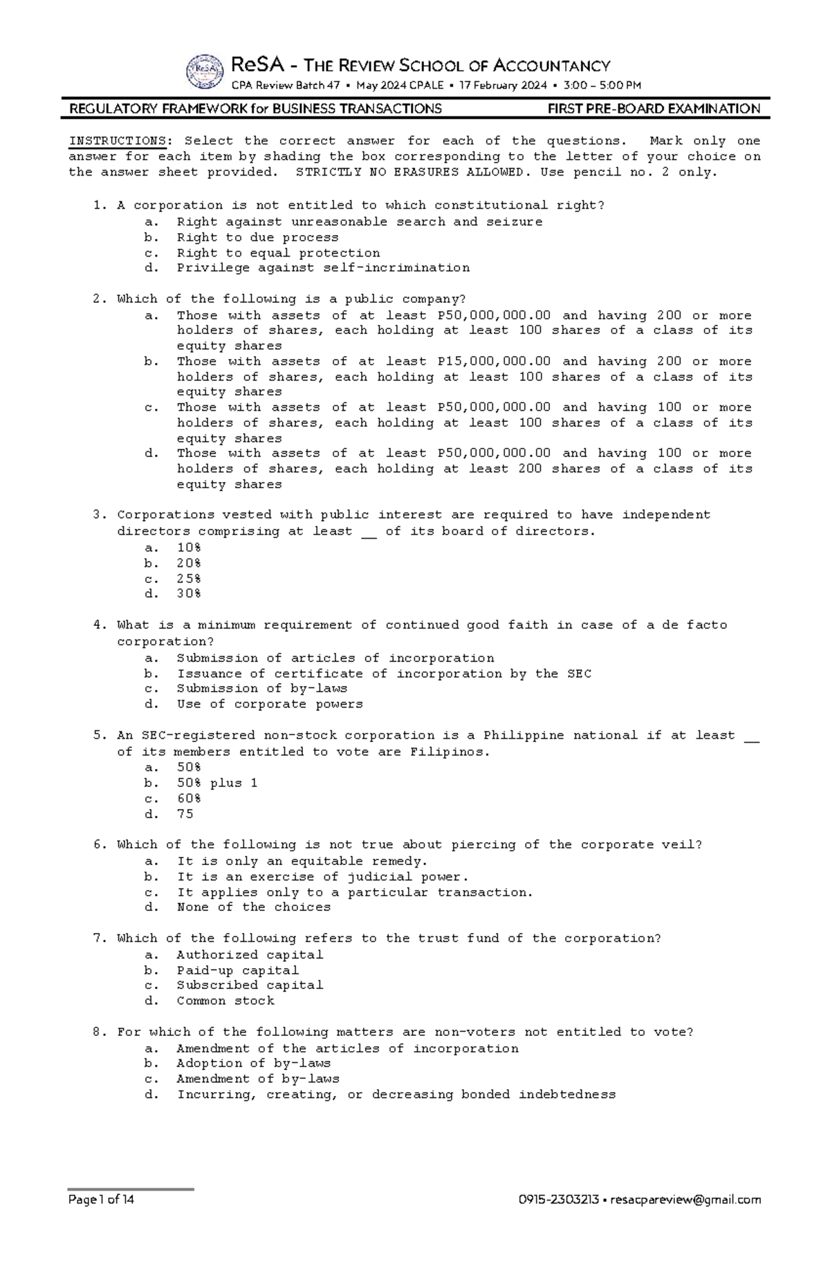 LAW 101: RFBT First Exam Review Notes for CPALE Batch 47 - Studocu