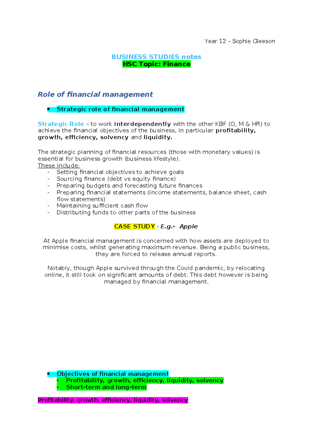 Year 12 Business Studies - HSC Finance Management Notes - Studocu