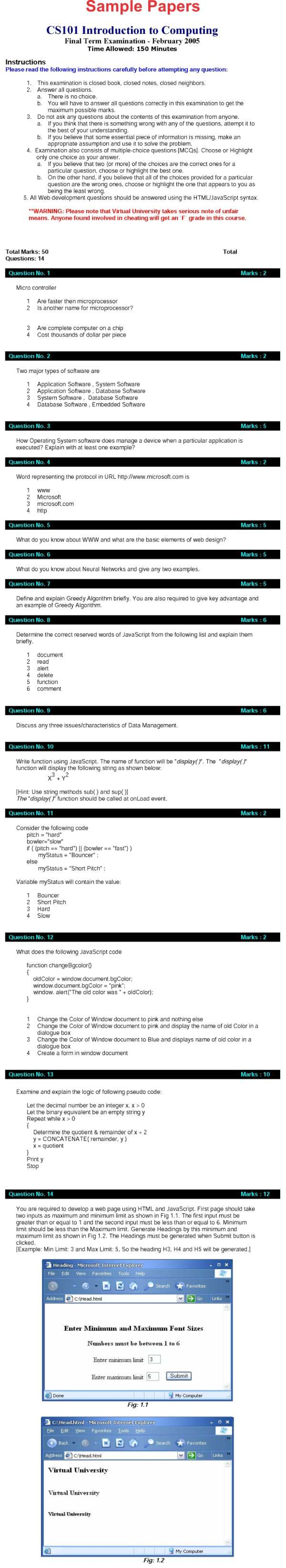 CS101 Introduction to Computing BSc Past Papers Final Term 2005 - Studocu