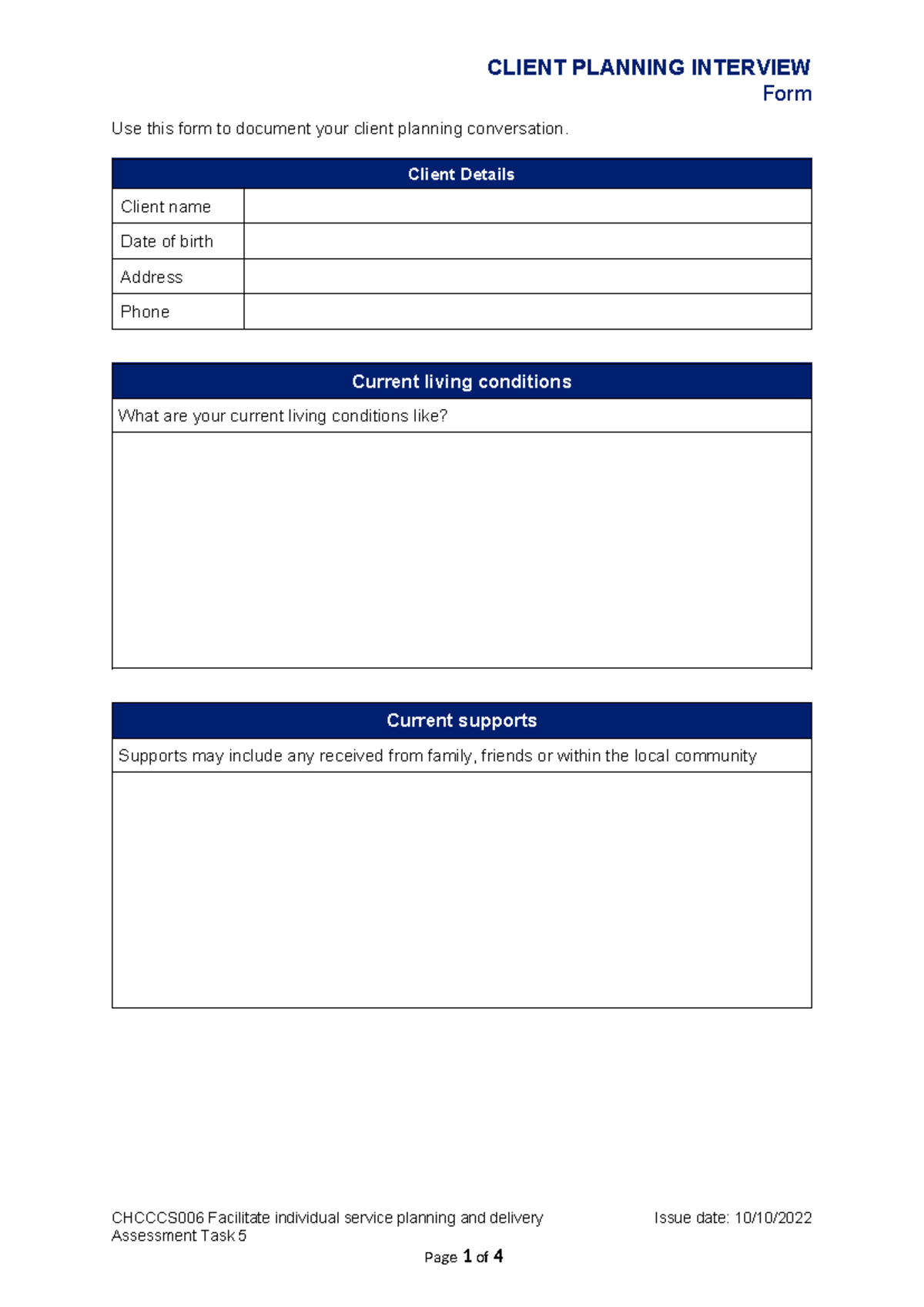 CHCCCS006 AT5 - Client Planning Conversation Documentation Form - Studocu