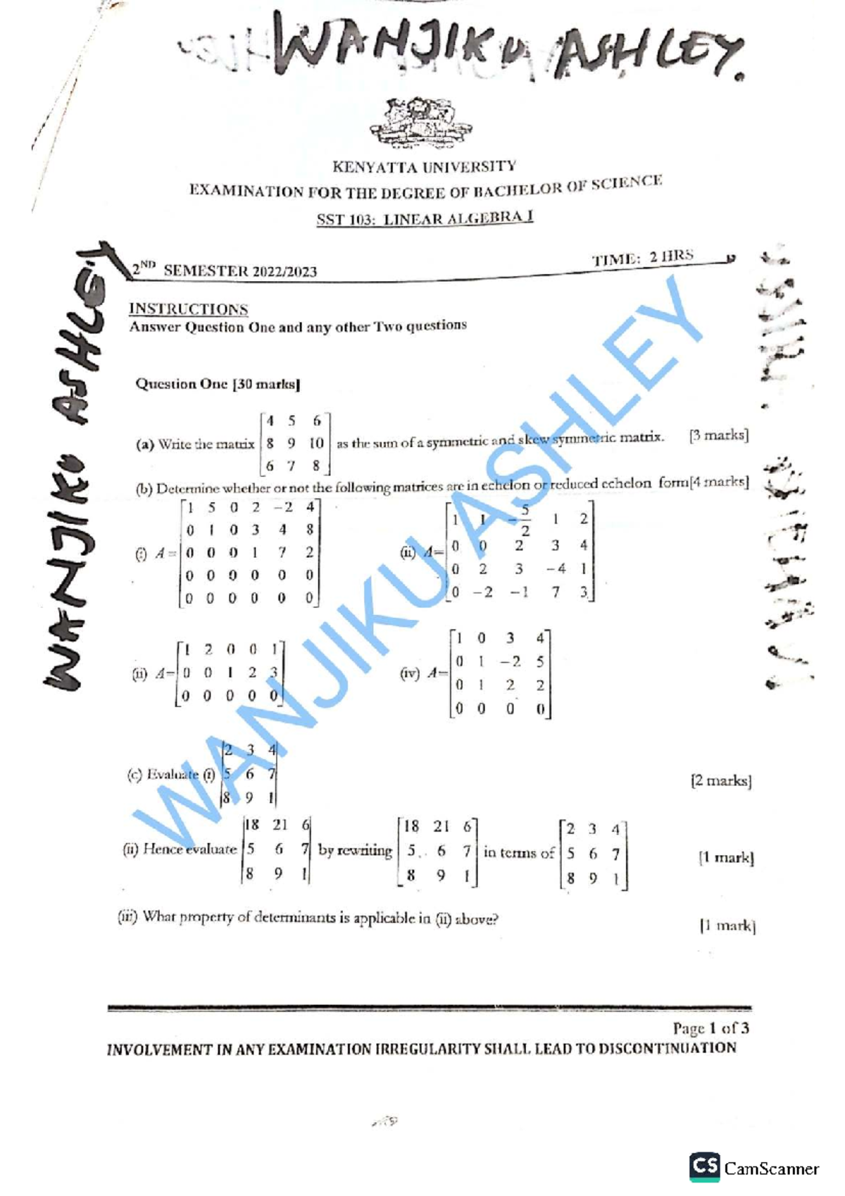 SST 103: Linear Algebra I Exam Notes by Wanjiku Ashley - Studocu
