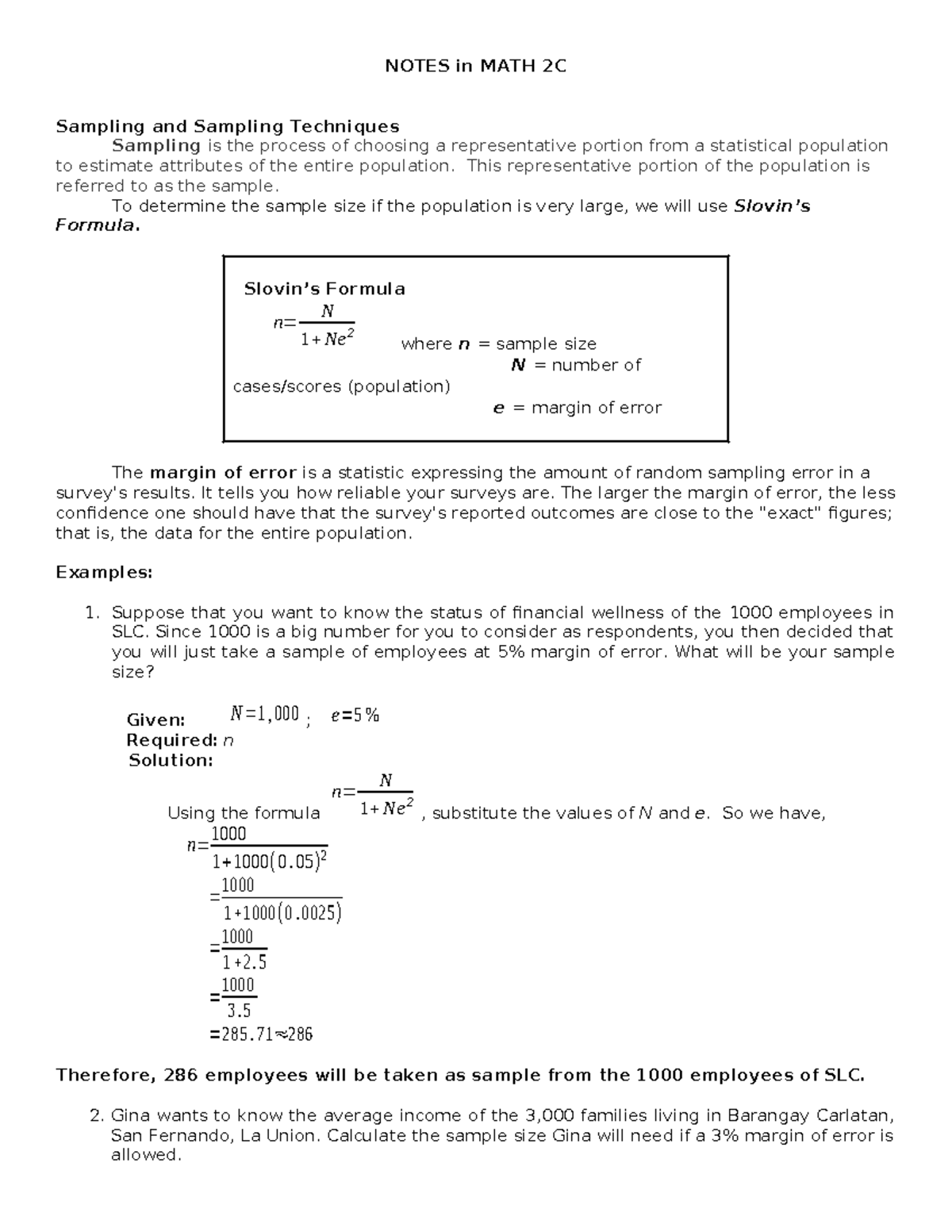 Notes on Sampling Techniques in MATH 2C: Key Concepts and Formulas ...