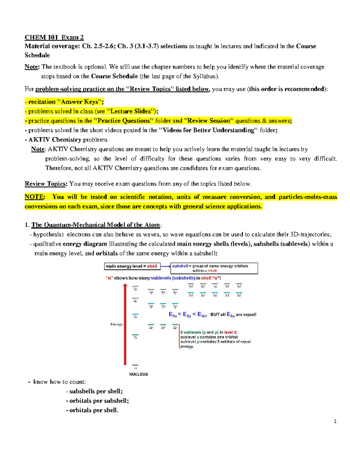 CHEM 101 Exam 2 Review: Key Topics from Ch. 3 Lectures - Studocu