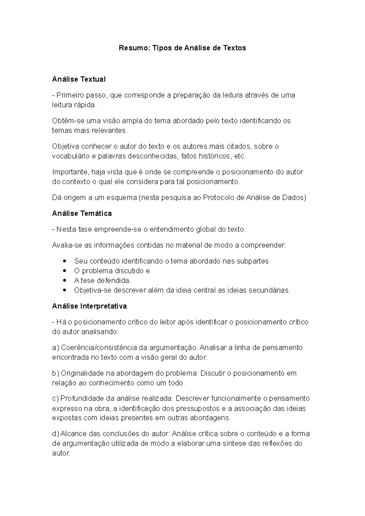 Resumo - Tipos de Análise de Texto e Interpretação - Studocu
