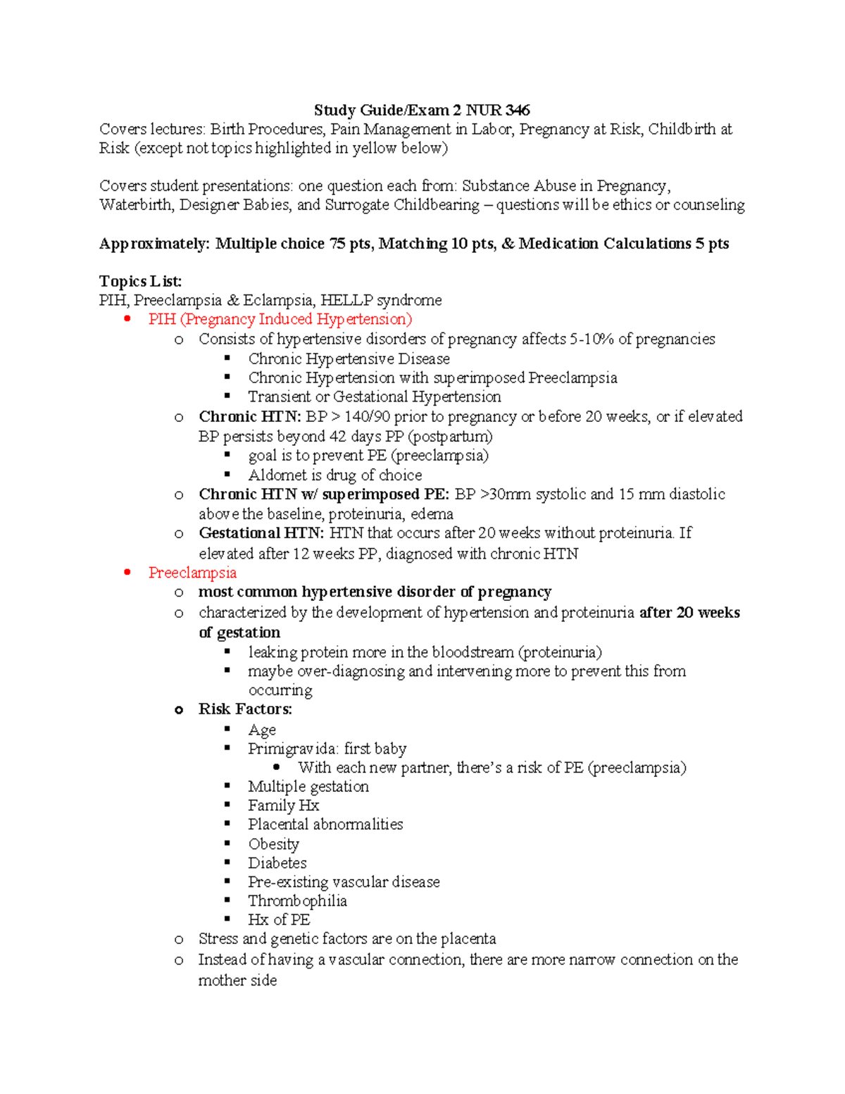 NUR 346 Study Guide: Key Topics for Exam 2 on Pregnancy & Birth Risks ...