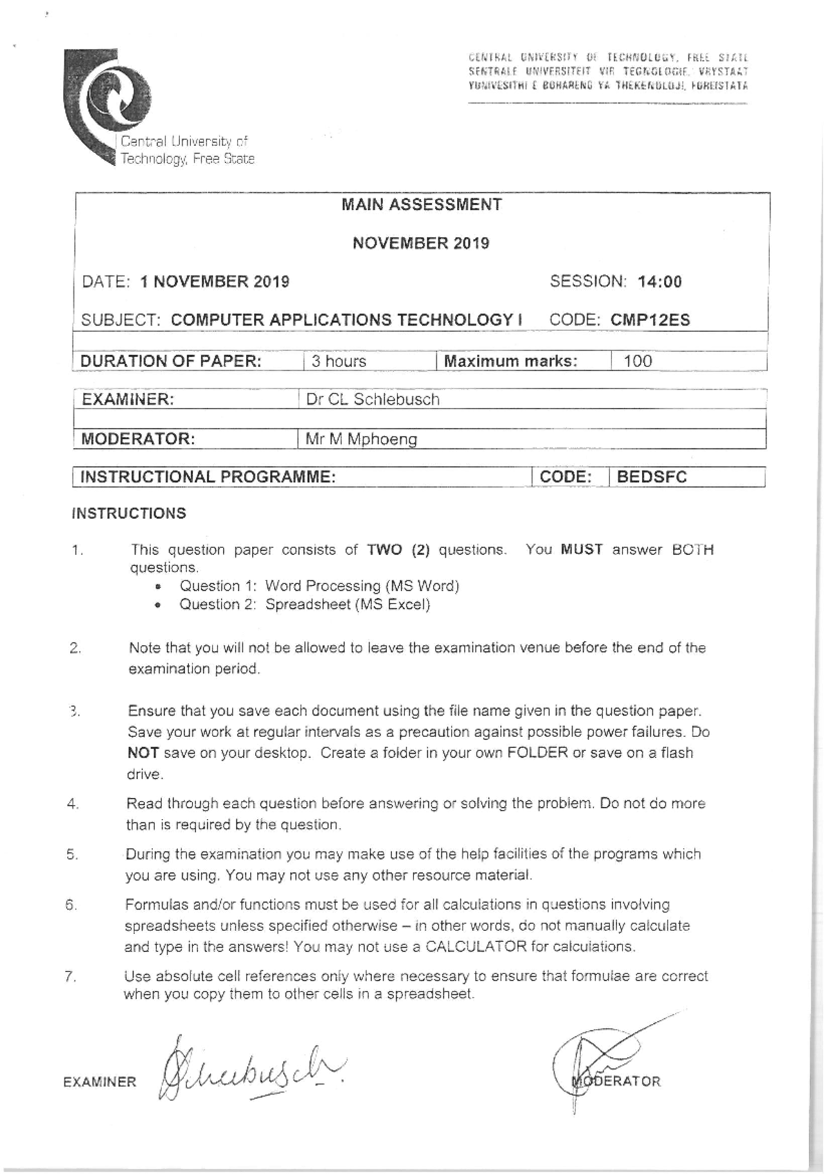 CMP12ES Final Exam November 2019 - Computer Applications Technology ...