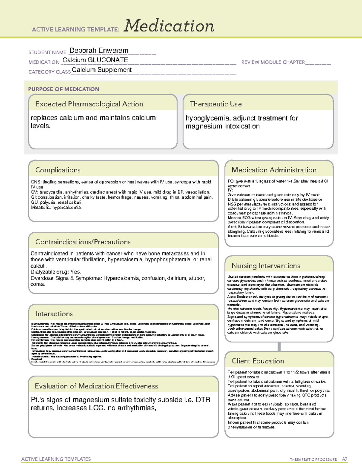 Calcium Gluconate - Therapeutic Notes for Dr. Moore's Class - Studocu