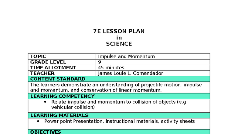 9E LESSON PLAN: Impulse and Momentum in Science (Grade 9) - Studocu