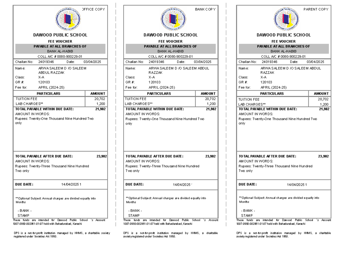 DPS Fee Voucher - Arwa Saleem - April 2023 - Challan No: 24019346 - Studocu