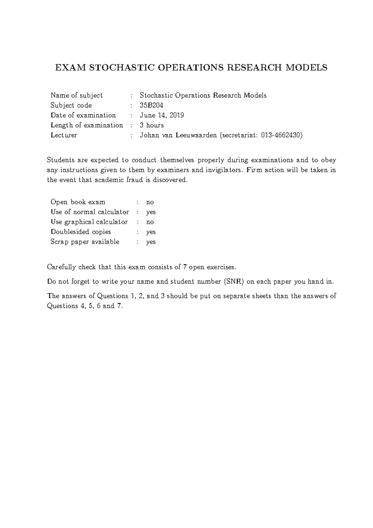 Stochastic Operations Research Models Exam Solutions (35B) June 2019 ...
