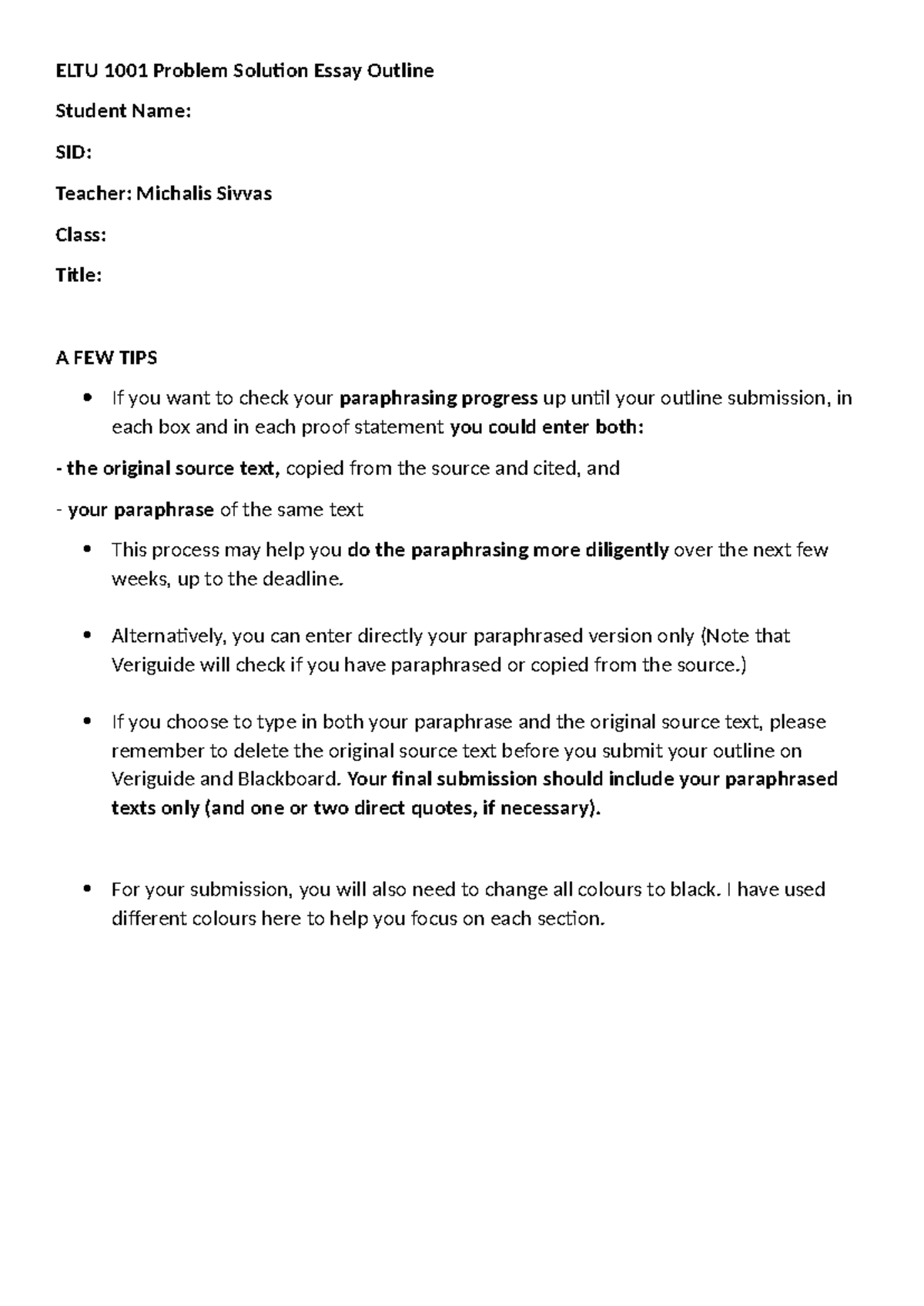 ELTU 1001 Problem Solution Essay Outline Tips and Guidelines - Studocu