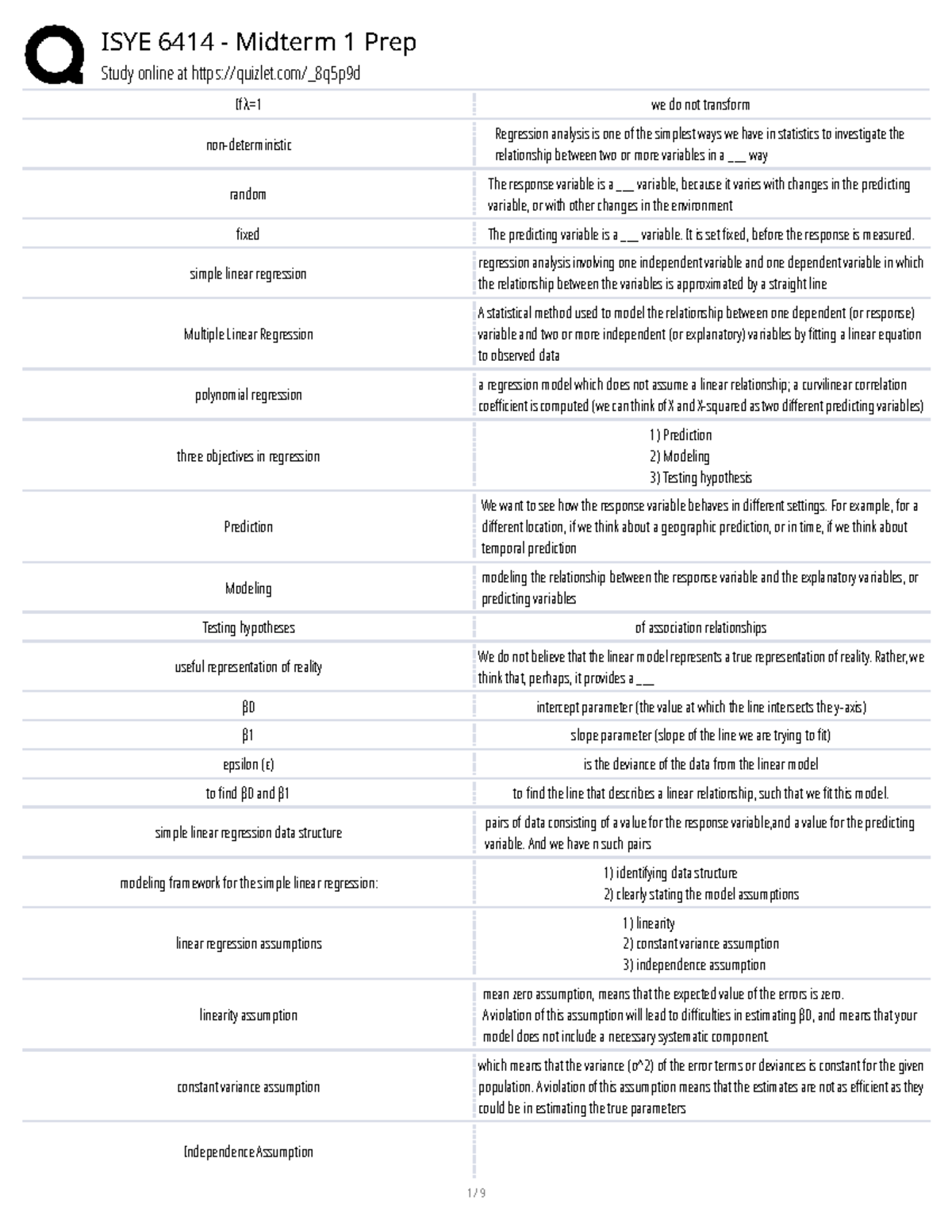 ISYE 6414 Midterm 1 Study Guide: Regression Analysis Concepts - Studocu