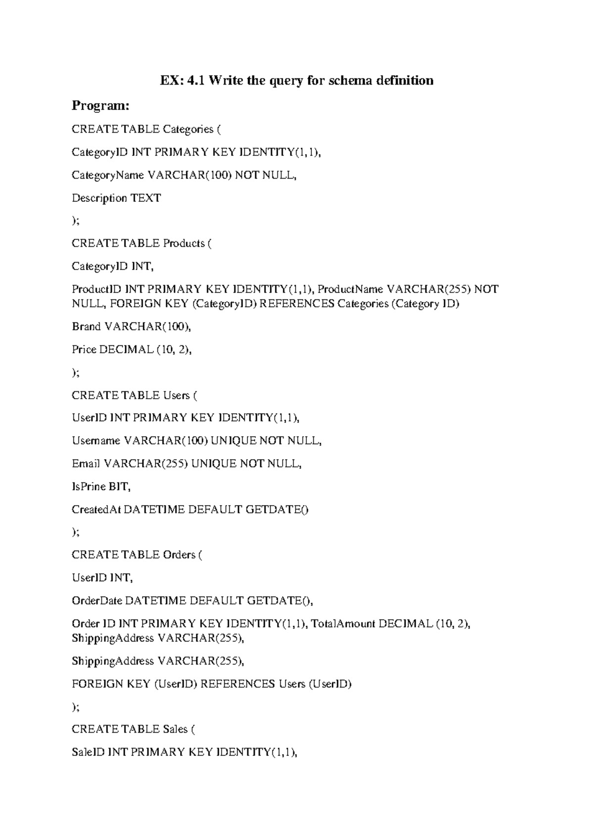 EX: 4.1 SQL Schema Definition for Data Warehouse Lab - Yyy - Studocu
