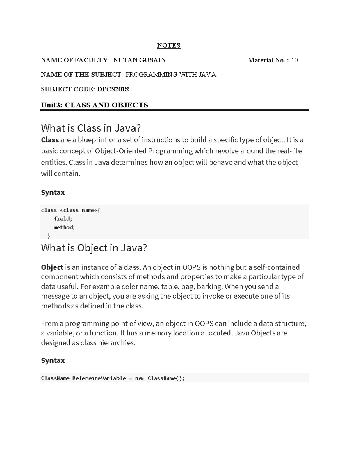 DPCS2018 Unit 3: Java Classes and Objects Notes - Studocu