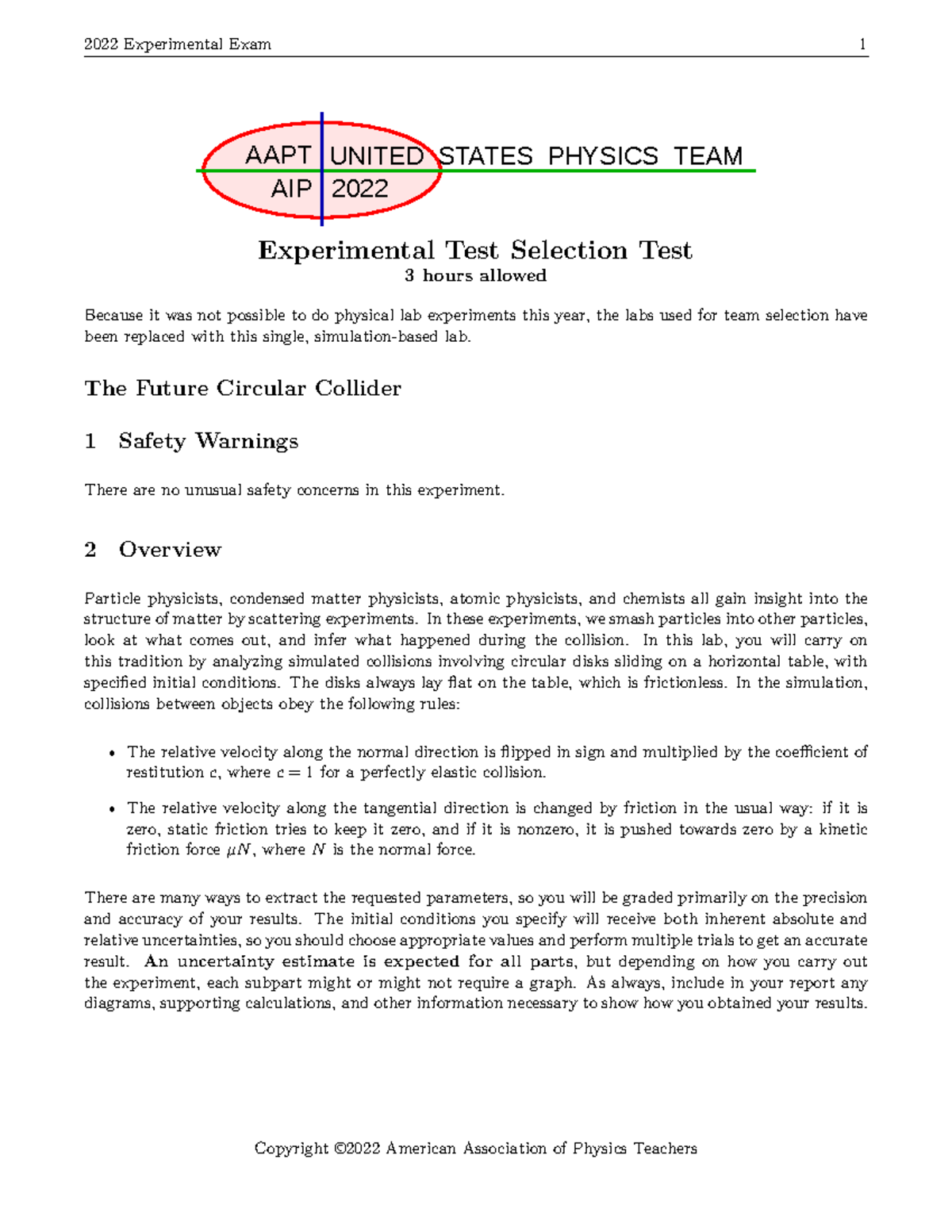 2022 experimental exam 1: AAPT physics team selection test - Studocu