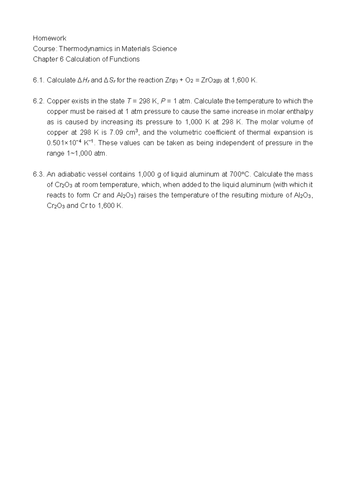 材熱作業 (Thermodynamics) Chapter 6 - Homework Solutions - Studocu