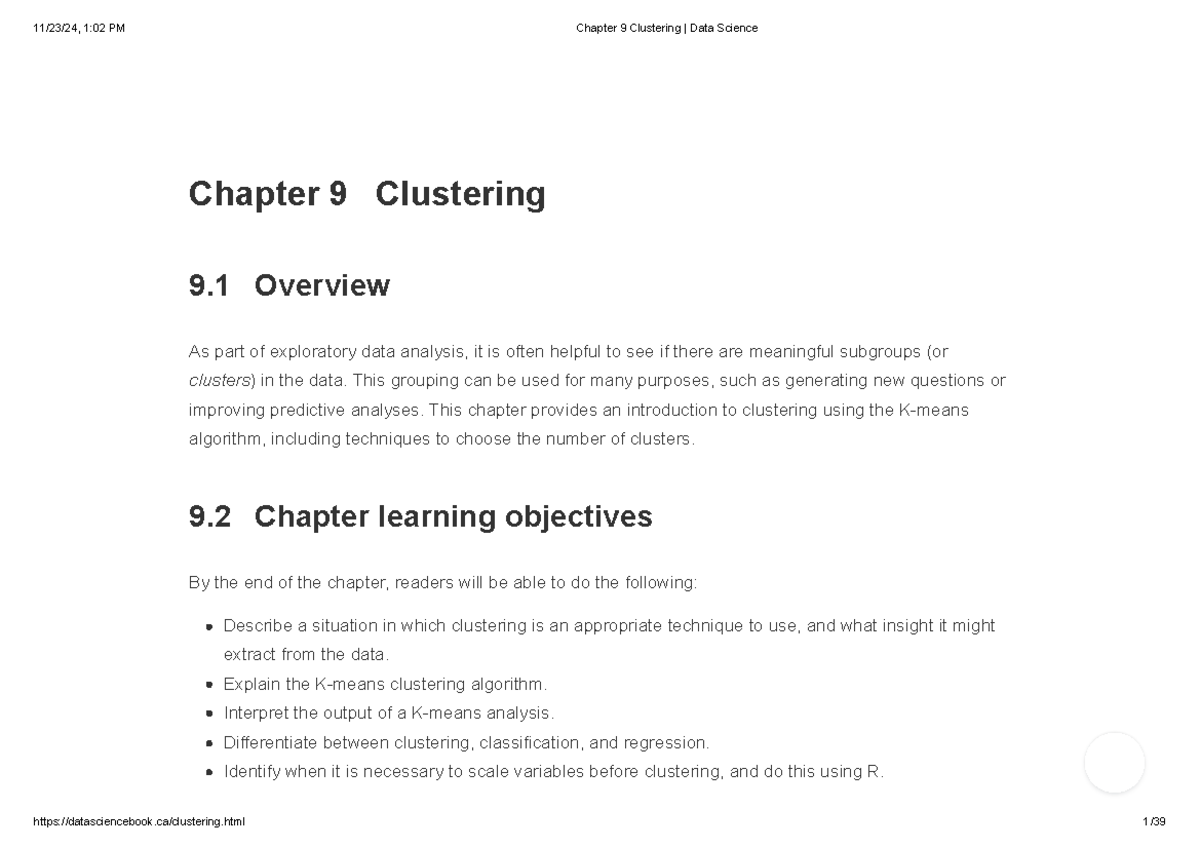 Chapter 9: K-means Clustering in Data Science (DSC 301) - Studocu