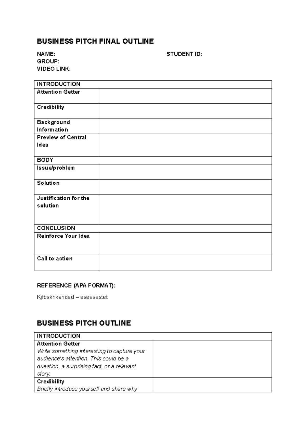 LCC503 Business Pitch Final Outline Template - Studocu