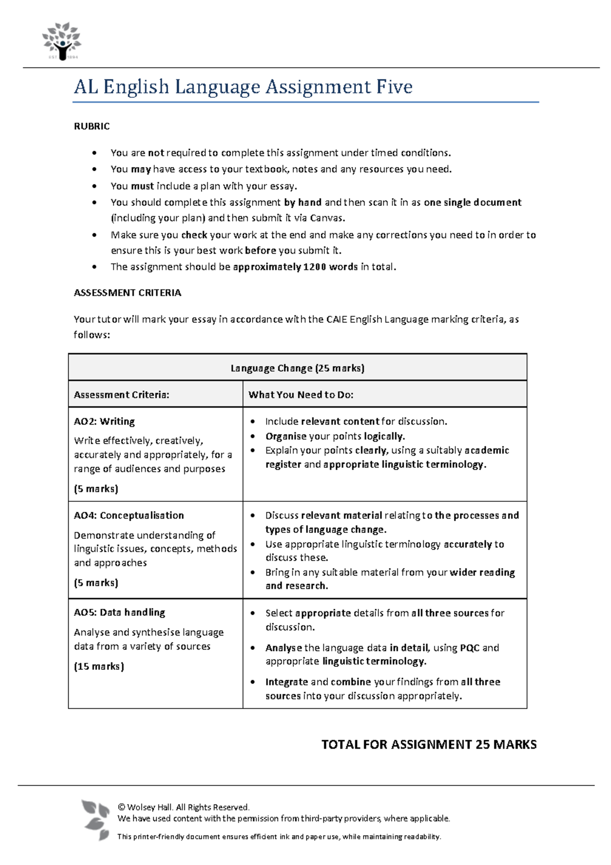 AL English Language Assignment 5: Essay Rubric & Guidelines - Studocu