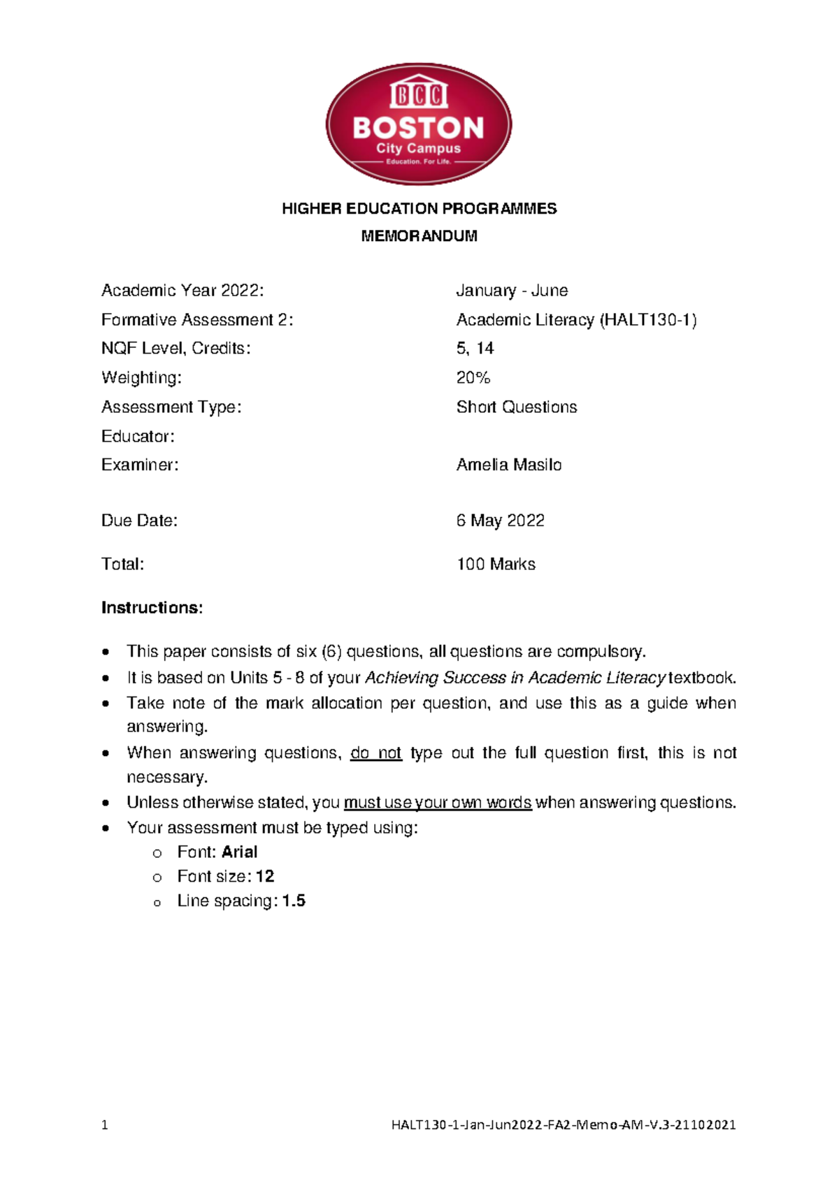 HALT130 1 Jan Jun2022 FA2 Memo AM V - HIGHER EDUCATION PROGRAMMES ...