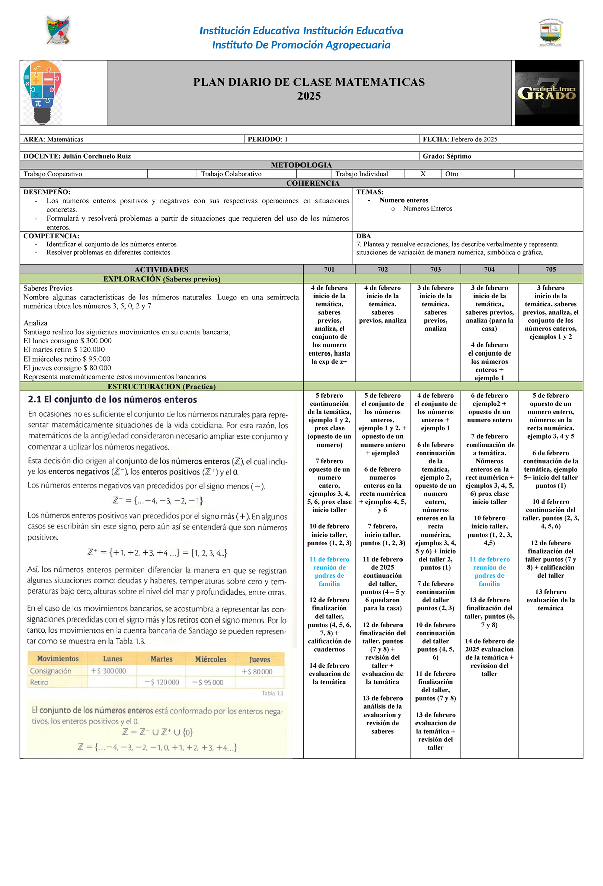 Plan diario de clase Matematicas Septimo 2 Febreroo - Institución ...