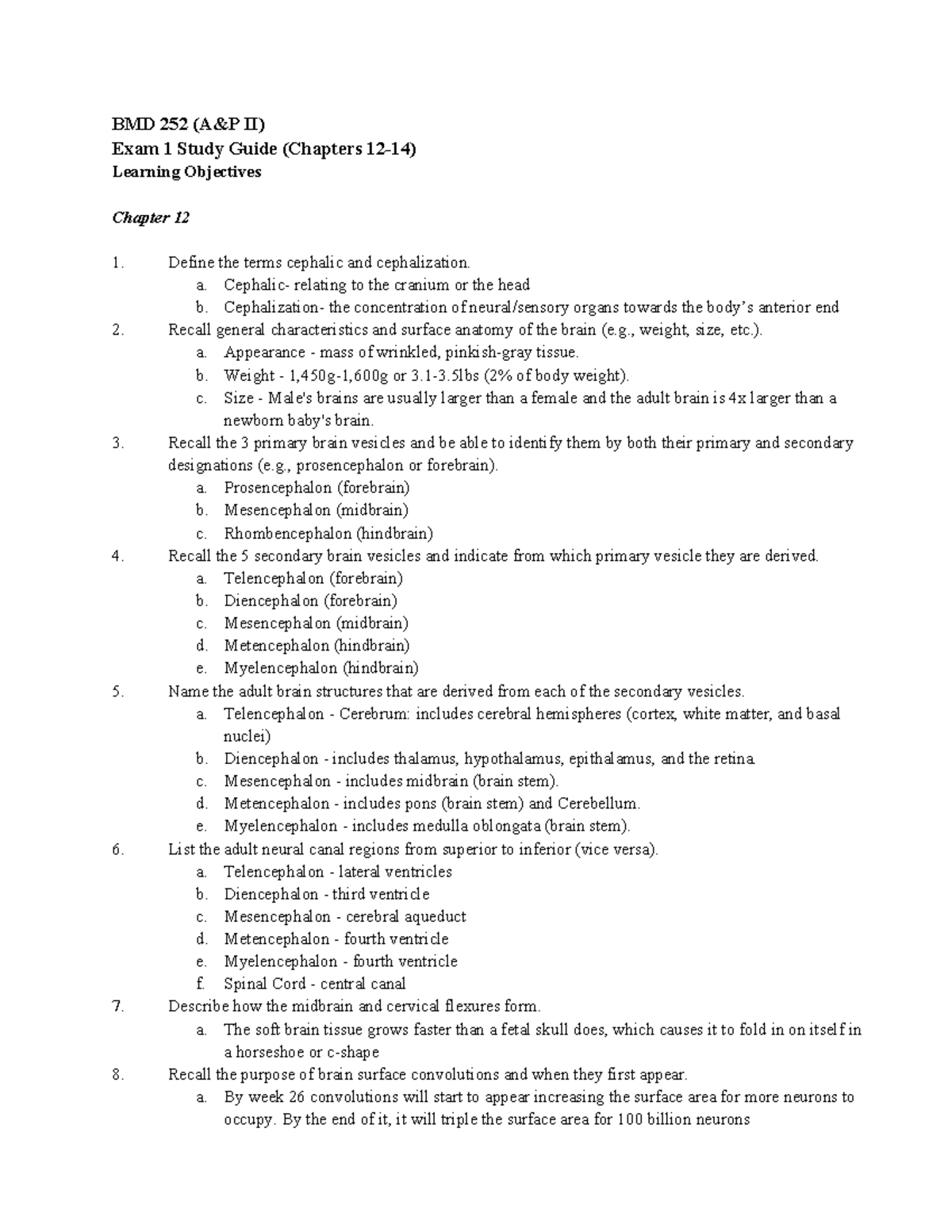 Exam 1 Study Guide - BMD 252 (A&P II) Exam 1 Study Guide (Chapters 12 ...