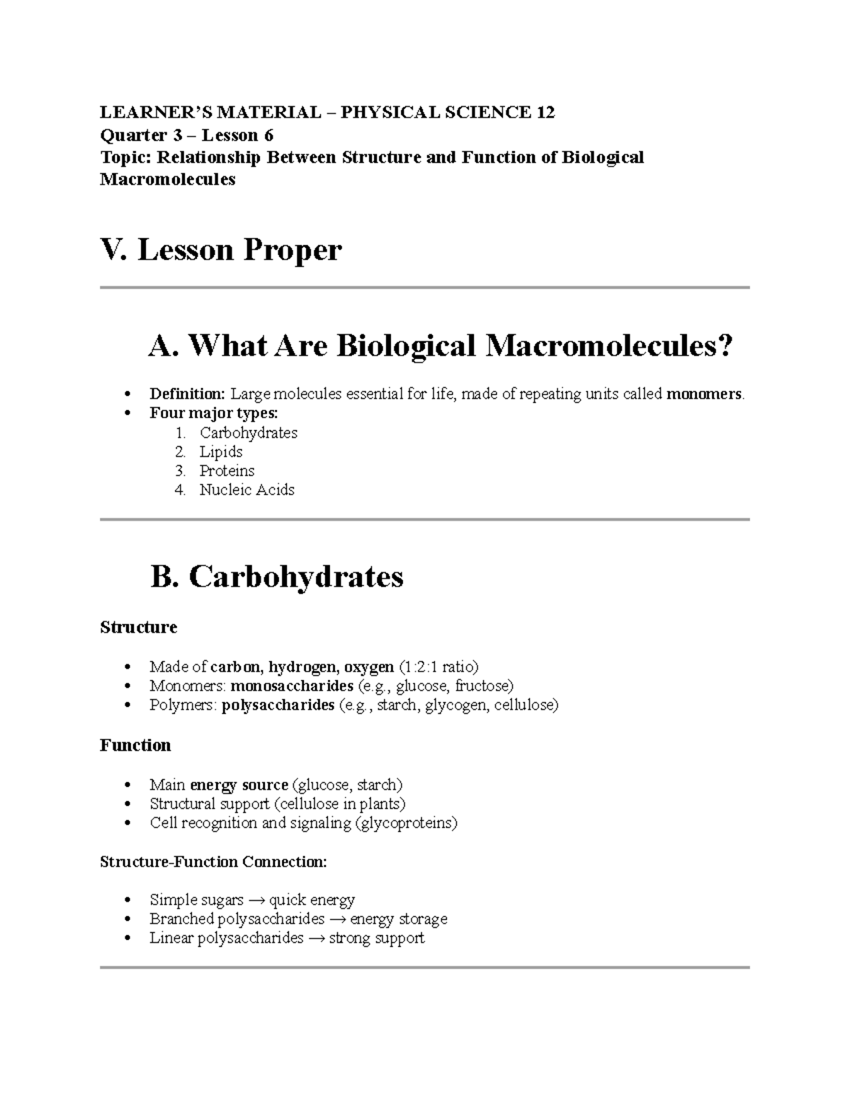 Physical Science 12 Q3 Lesson 6: Structure & Function of Macromolecules ...