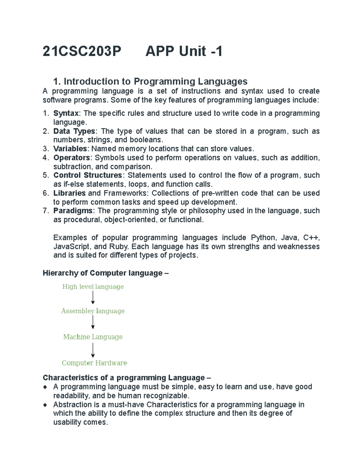 21CSC203P APP Unit 1 Notes on Programming Languages and Concepts - Studocu