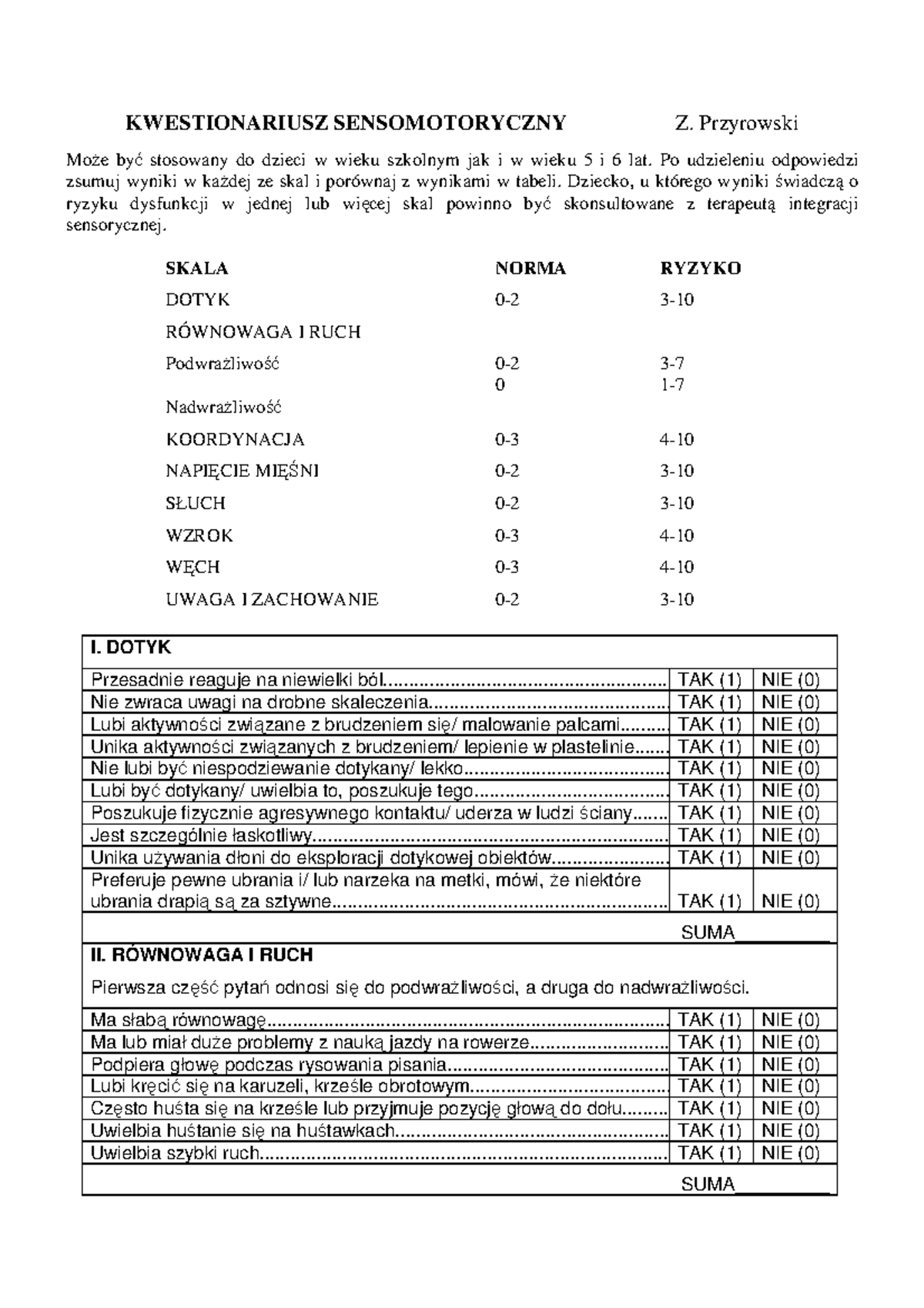 Kwestionariusz Rozwoju Sensomotorycznego Przyrowski Pdf