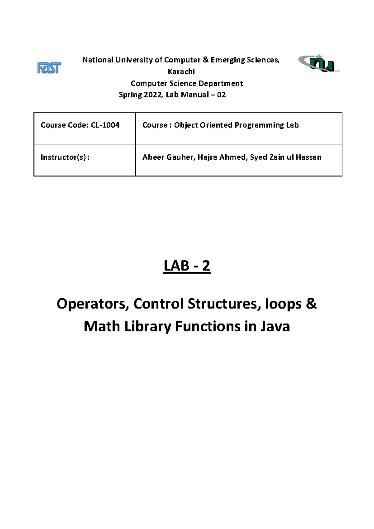 Lab 2: Operators & Control Structures in Java - CL-1004 OOP Lab - Studocu