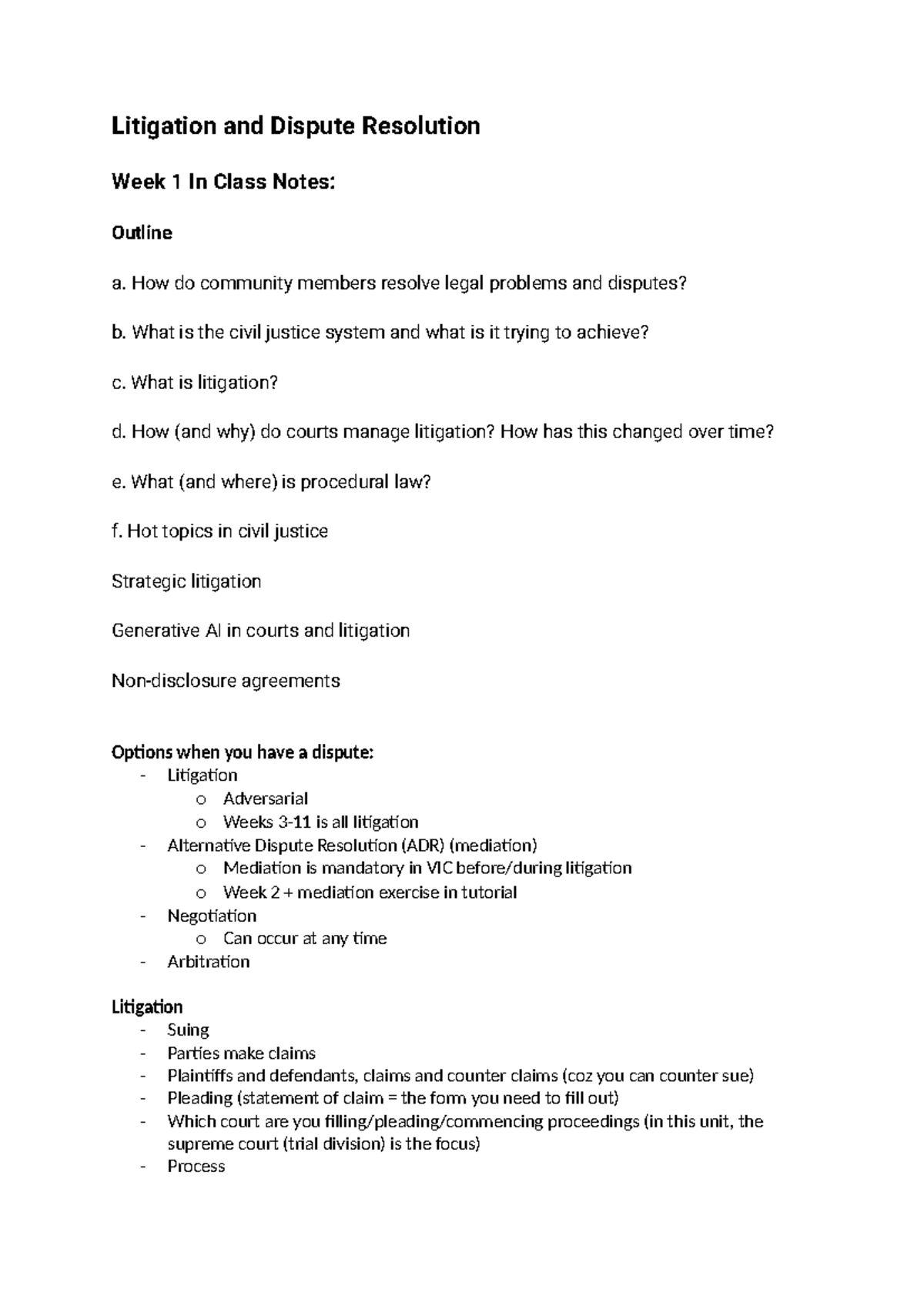 LAW4303 Litigation & Dispute Resolution: Weeks 1-4 In-Class Notes - Studocu