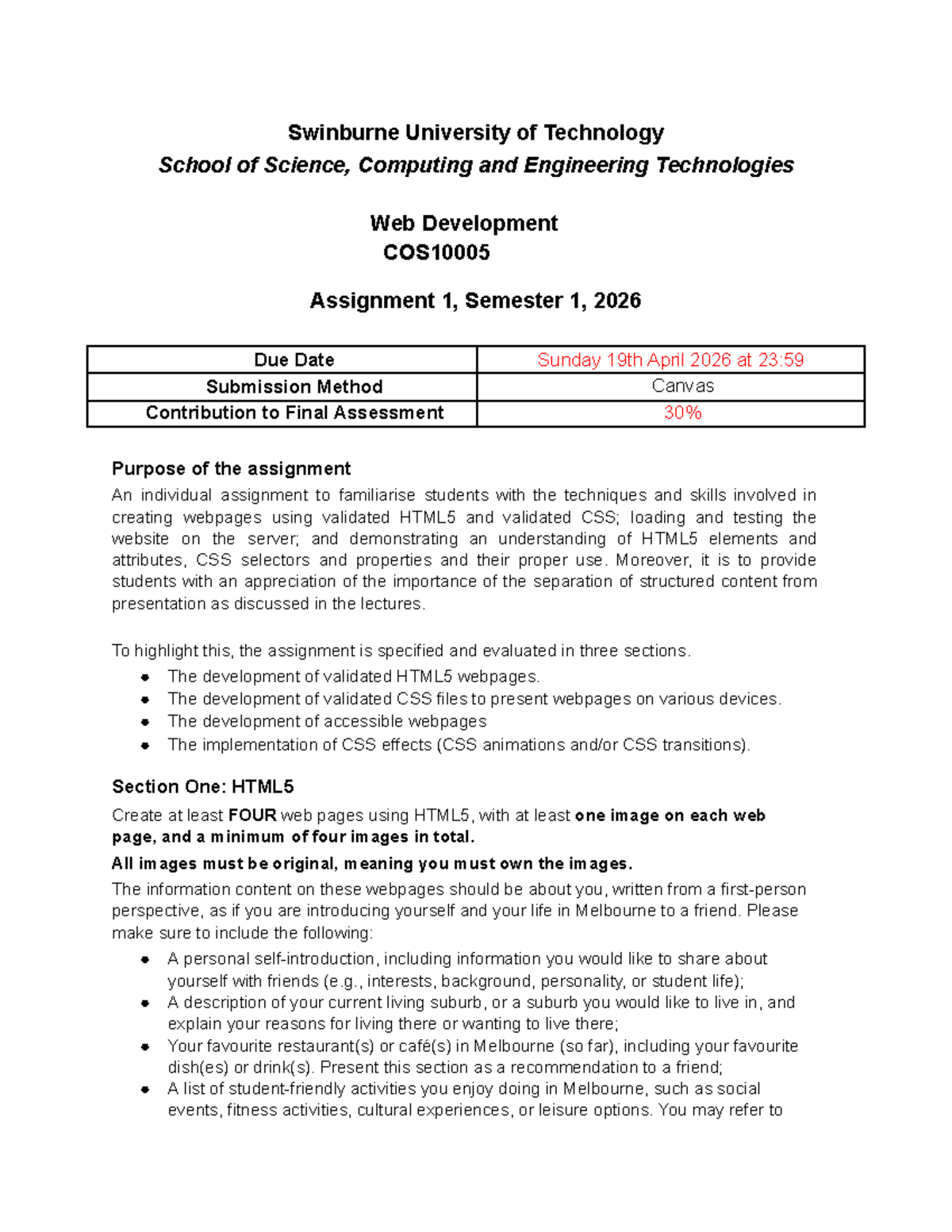 COS10005 Web Development Assignment 1 - Semester 1, 2026 - Studocu