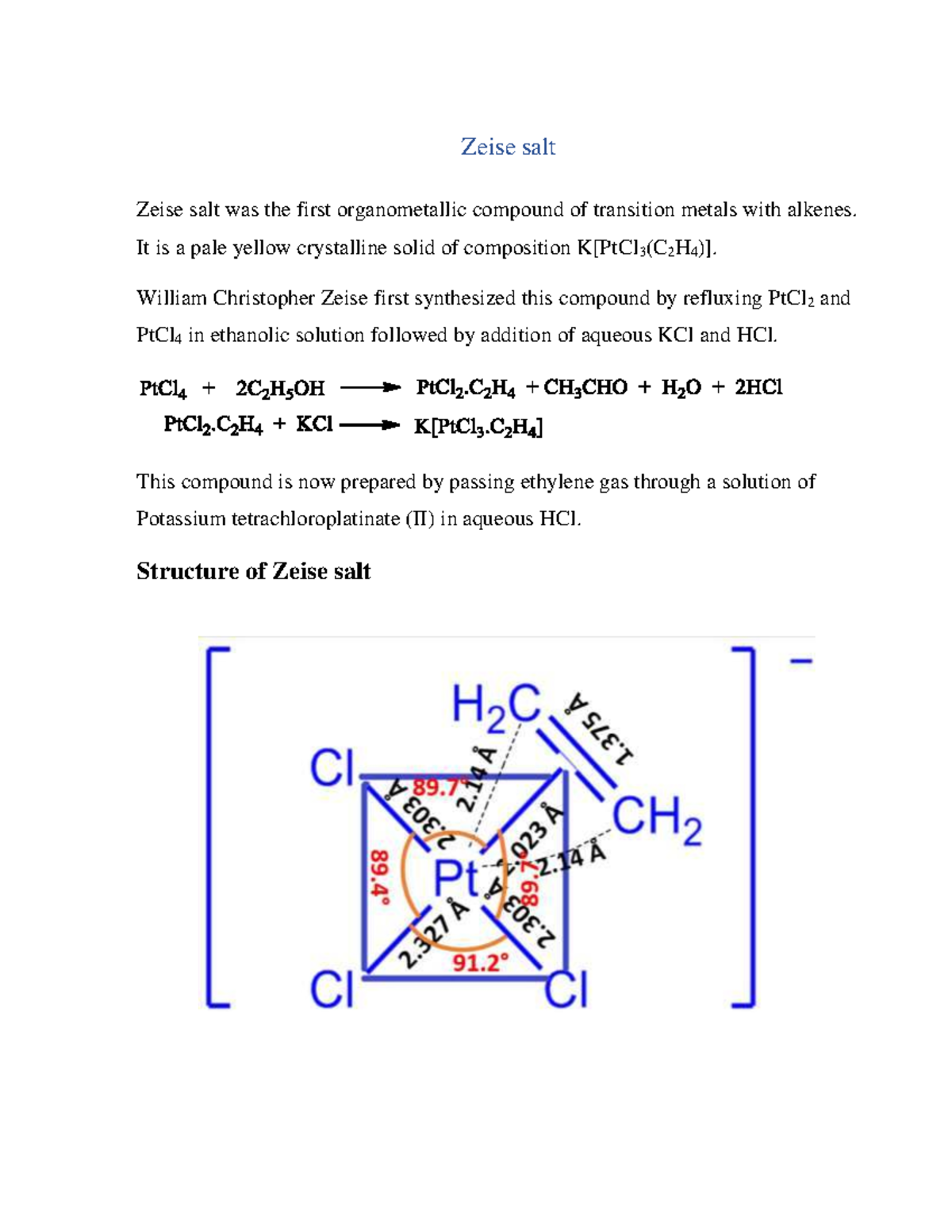 Zeise Salt: Structure, Synthesis, and Bonding Insights - Studocu