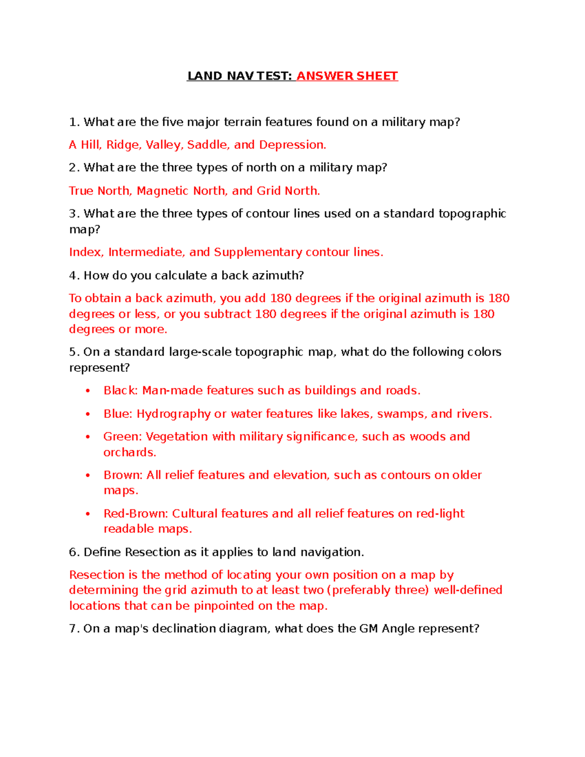 LAND NAV TEST: Key Concepts and Answer Sheet - Studocu