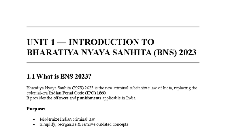 BNS 2023: Comprehensive Overview of Bharatiya Nyaya Sanhita - Studocu
