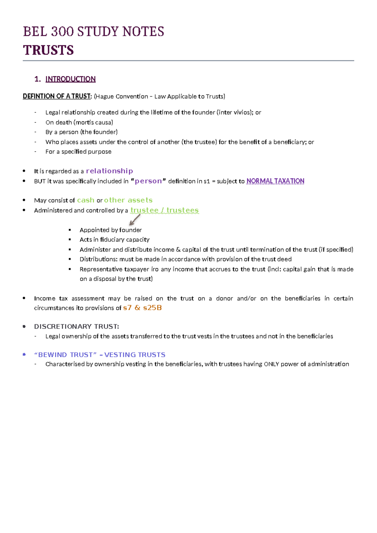 BEL 300 FINAL EXAM STUDY NOTES ON TRUSTS AND TAXATION PRINCIPLES - Studocu