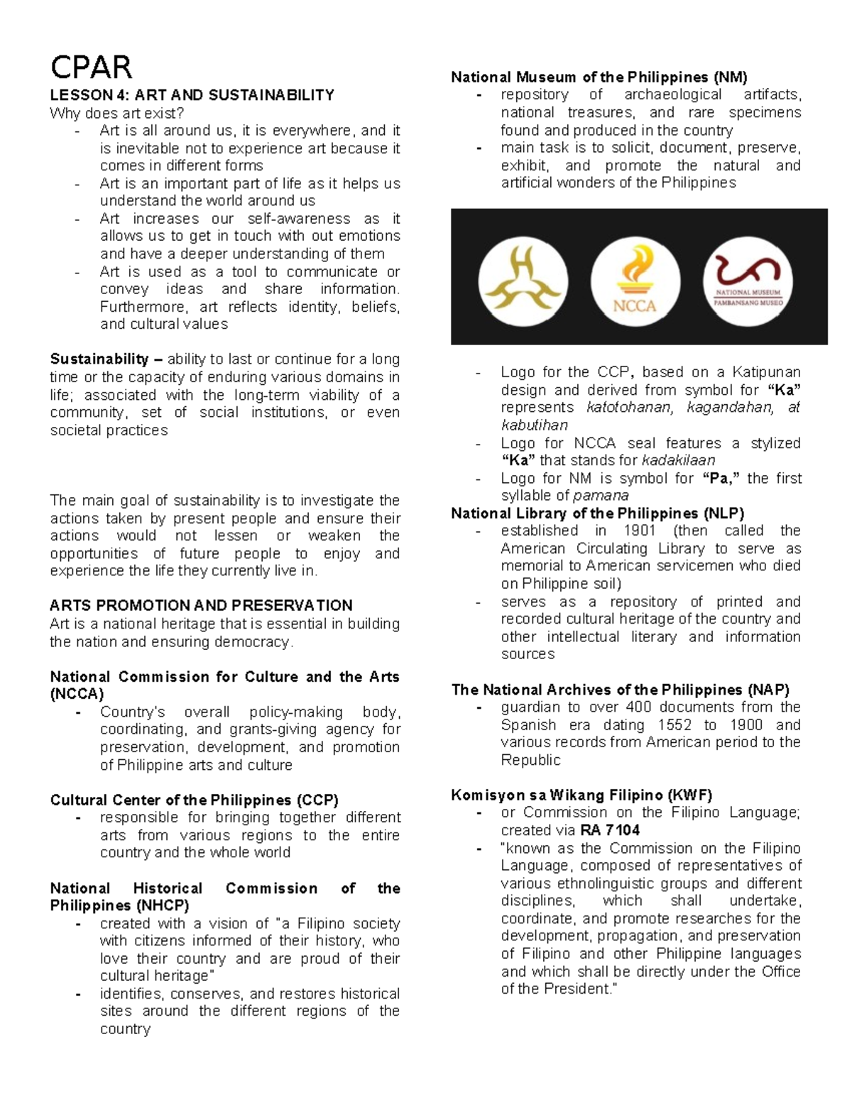 CPAR 4Q: Art, Sustainability, and National Artists Overview - Studocu