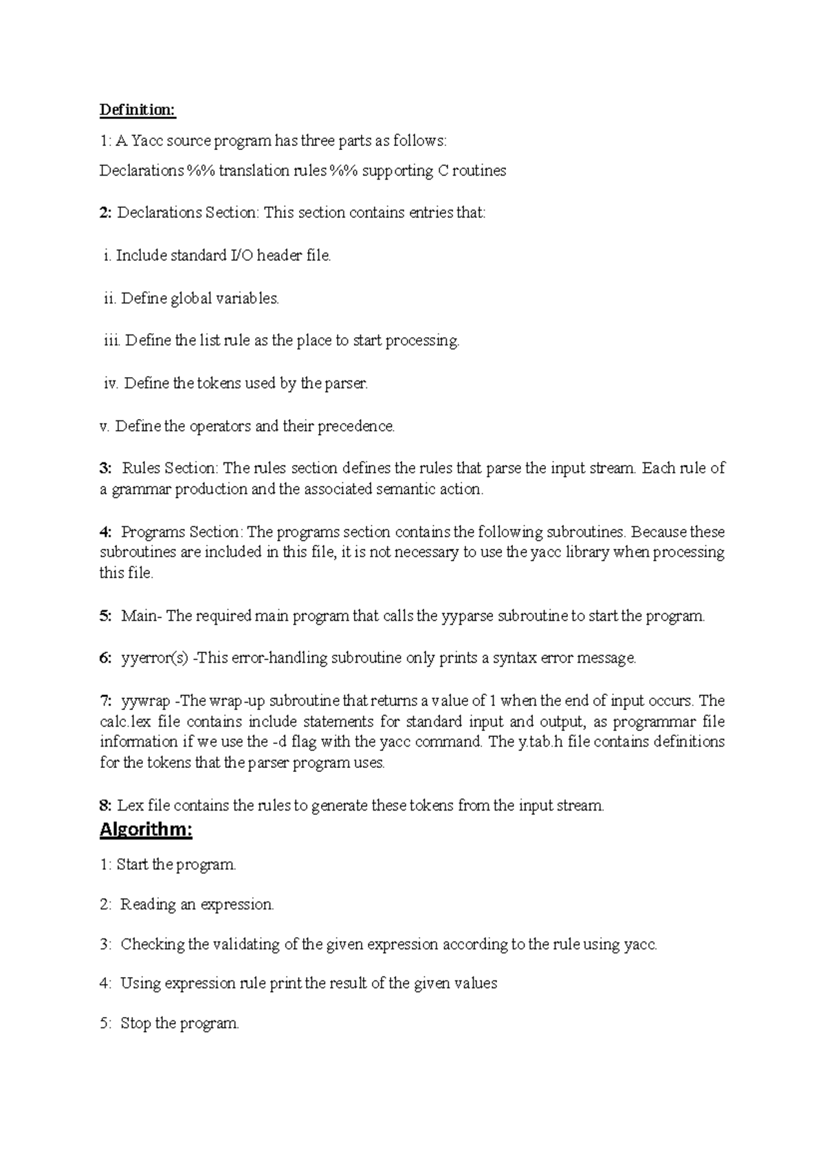 YACC 101: Algorithm for Valid Arithmetic Expression & Calculator - Studocu