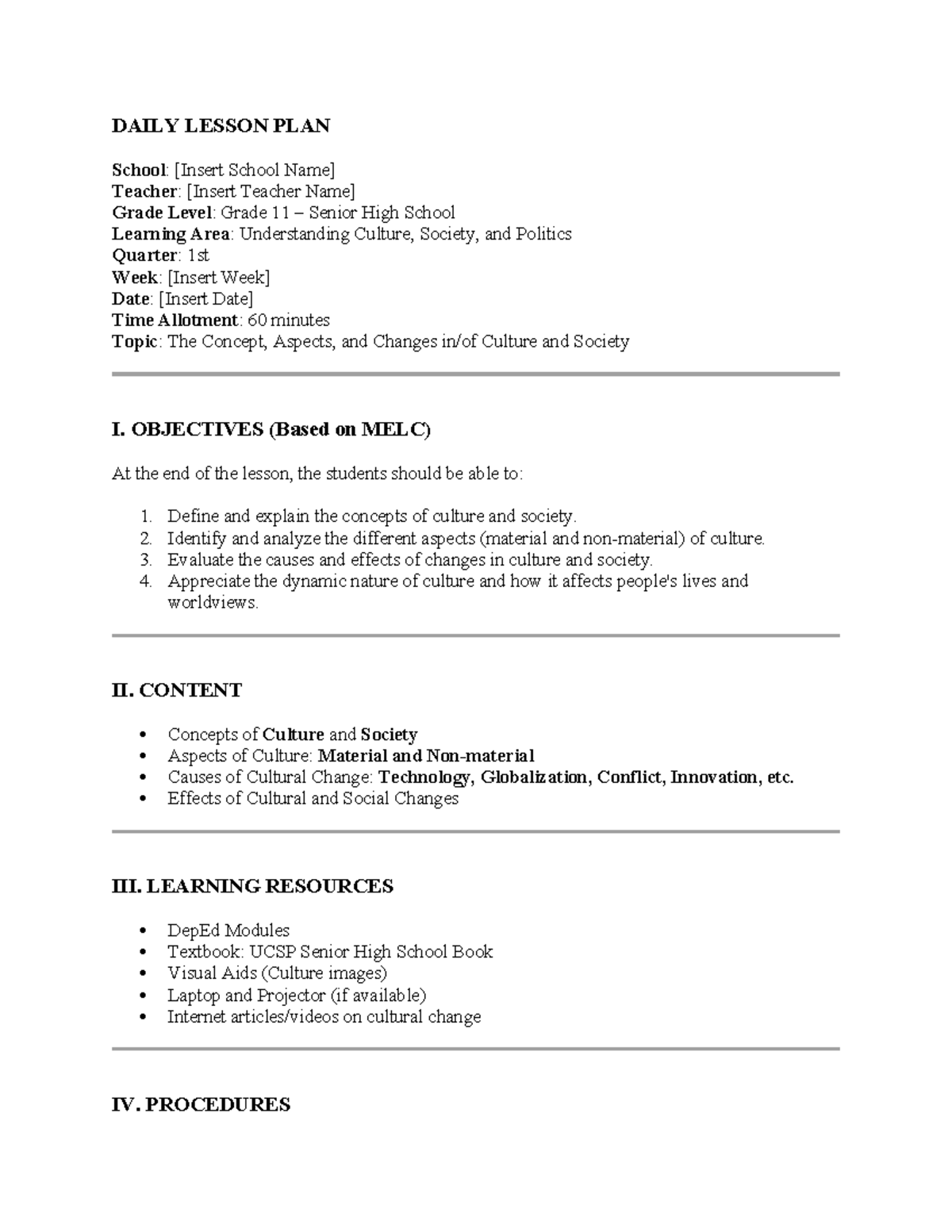 DAILY LESSON PLAN: Understanding Culture & Society (Grade 11) - Studocu