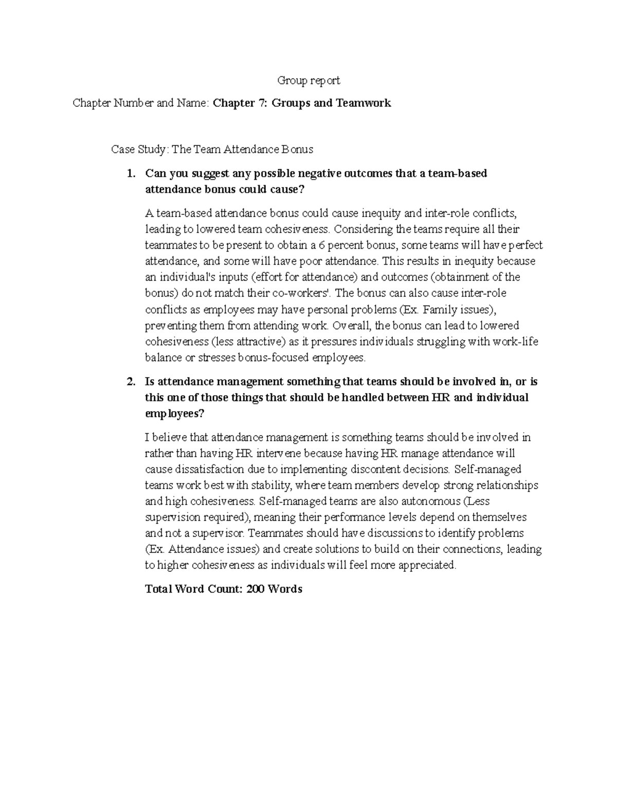Report - Textbook case study answers for Groups and Teamwork - Group ...